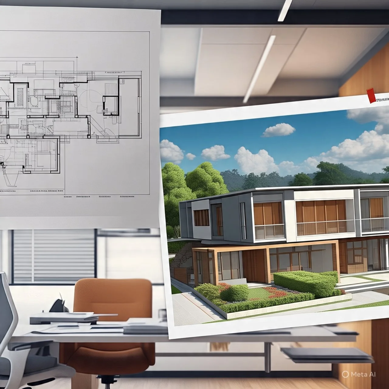 Cartel de arquitectura con planos de edificio y modelo digital de una casa moderna con jardín.