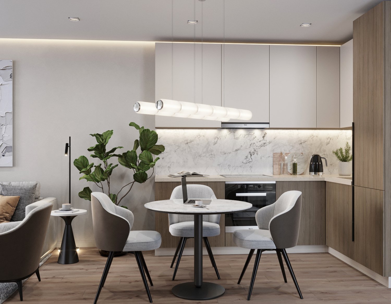 Modern kitchen with white cabinets, marble backsplash, and a round dining table with four light gray chairs. There is a laptop and cup on the table, a large green plant, and a black floor lamp. The space features wood flooring and subtle ceiling ligh