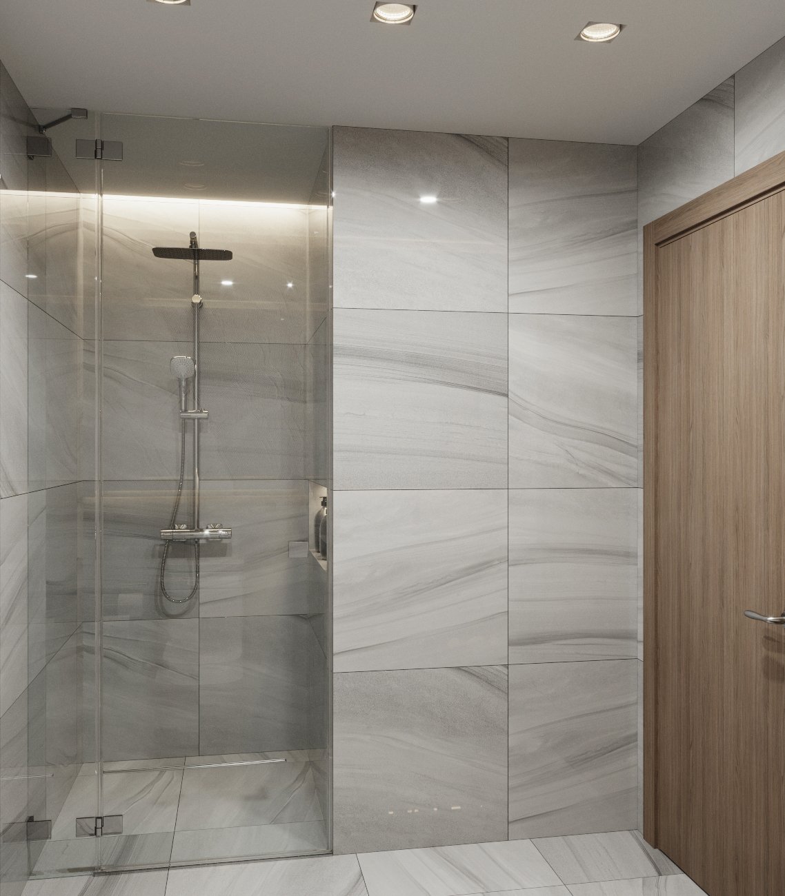 Modern shower area with glass enclosure, gray marble tiles, a rainfall showerhead, and a wooden door.