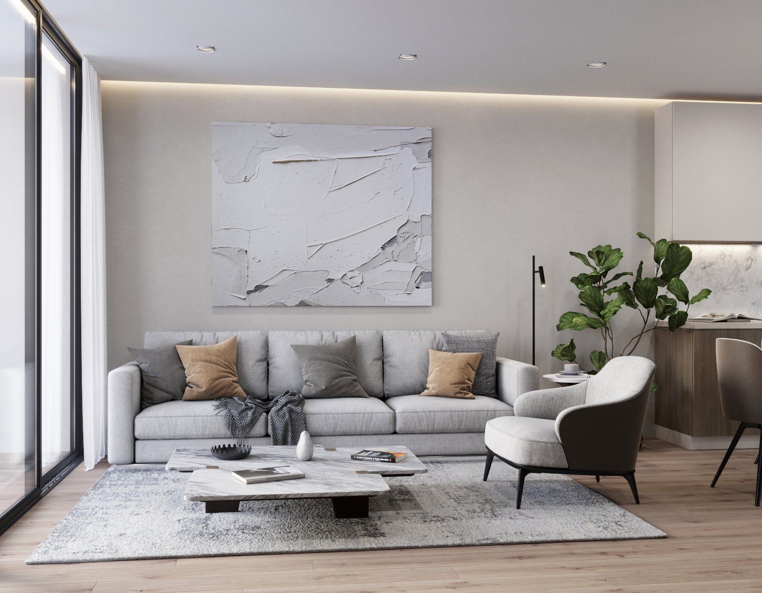 Modern living room with a light gray sofa, assorted throw pillows, a marble coffee table, a white armchair, potted plant, abstract wall art, and large window with white curtains.
