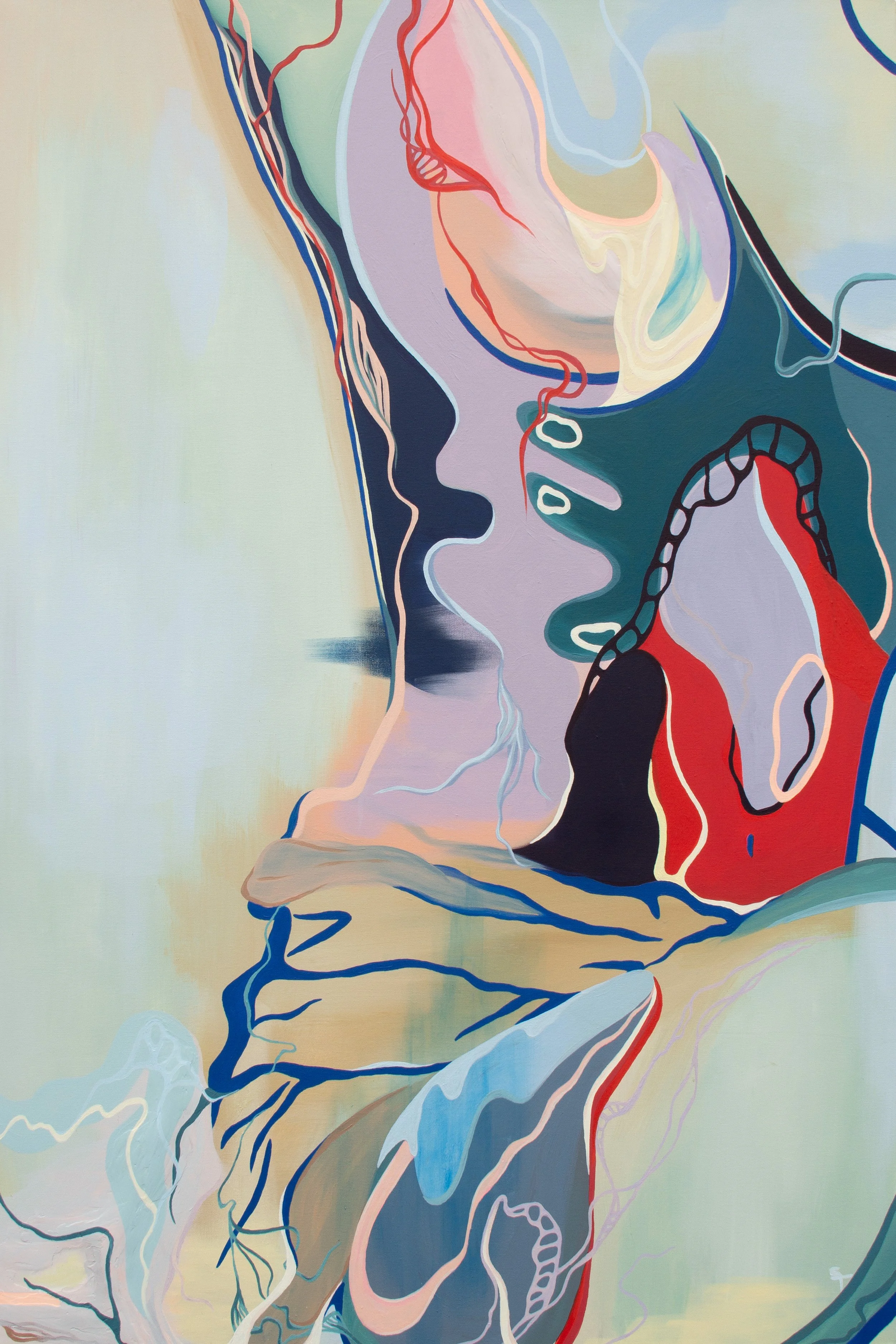 Une peinture abstraite colorée avec des lignes fines et des formes fluides, évoquant des visages et des figures humaines stylisées.