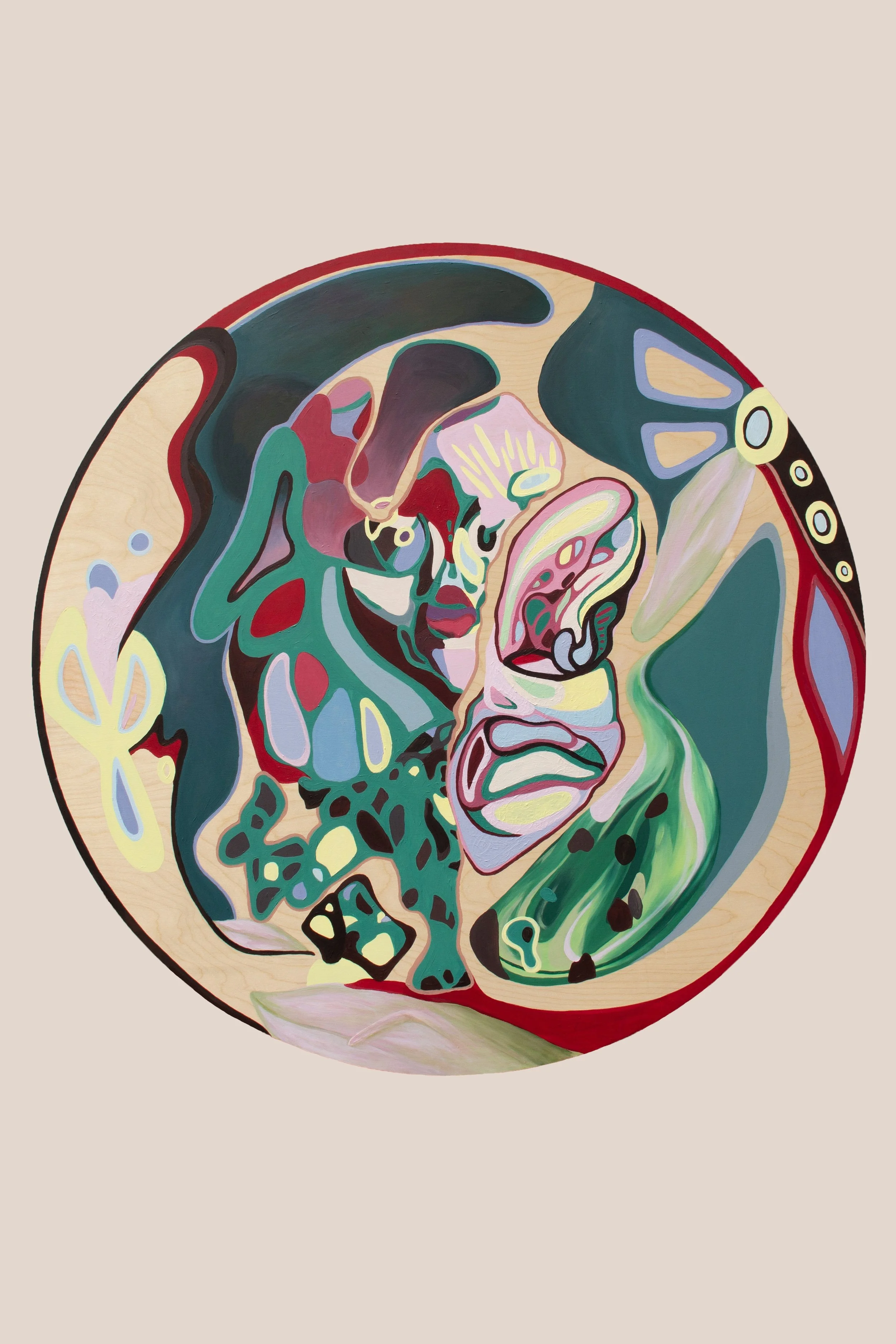 Peinture abstraite représentant un visage stylisé dans un cercle avec des formes colorées et des motifs variés.