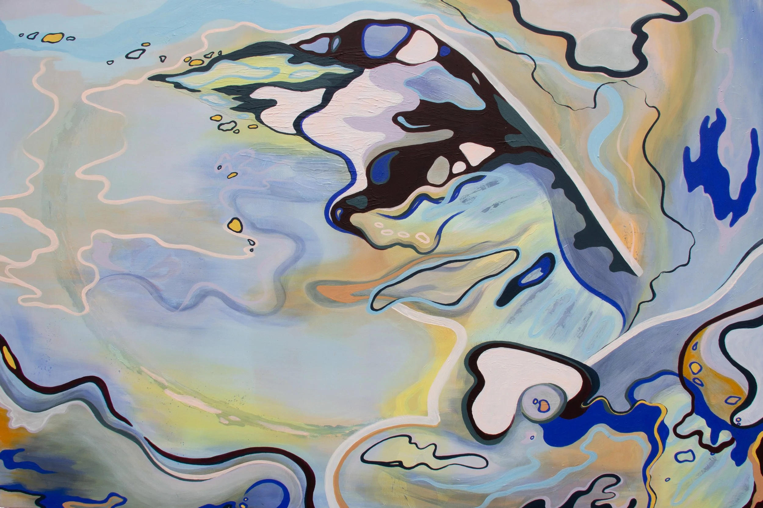 Peinture abstraite avec lignes noires, couleurs pastel, éléments fluides et formes organiques.