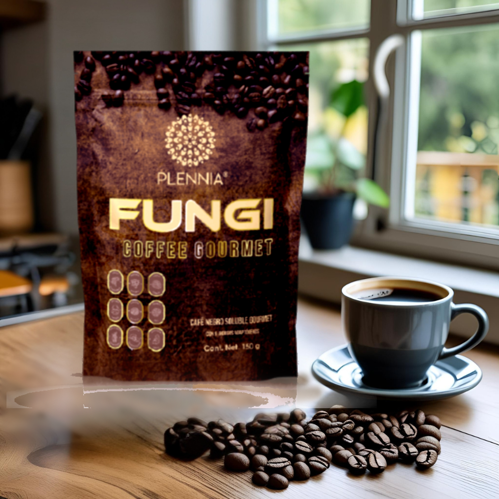 Paquete de café Fungi de la marca Plennia junto a una taza de café en una mesa de madera cerca de una ventana, con granos de café en primer plano.