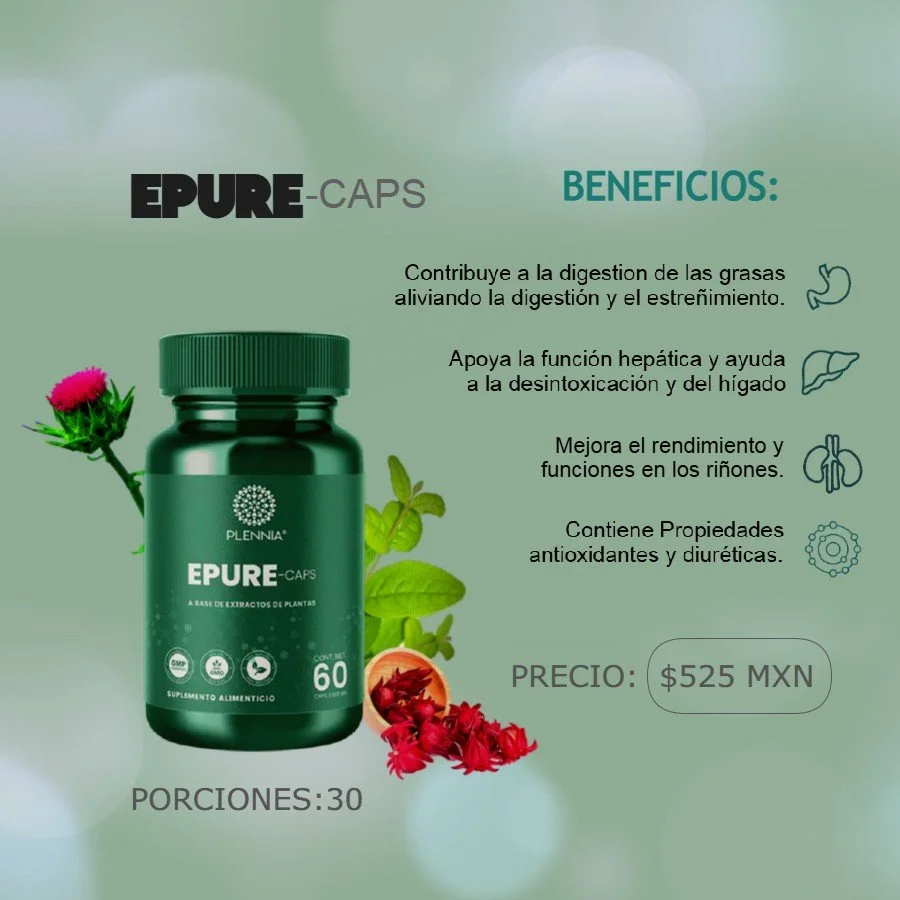 Suplemento en cápsulas llamado EPURE, con beneficios para la digestión, función hepática, rendimiento renal, y propiedades antioxidantes y diuréticas, en una botella verde de 60 cápsulas.