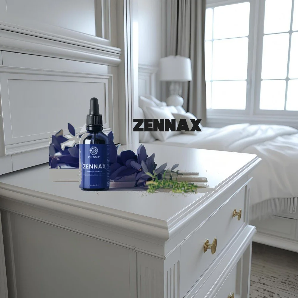Frasco de ZENNAX en una mesita de noche, decorada con flores moradas y hojas verdes, en una habitación con cama blanca y ventanas grandes.