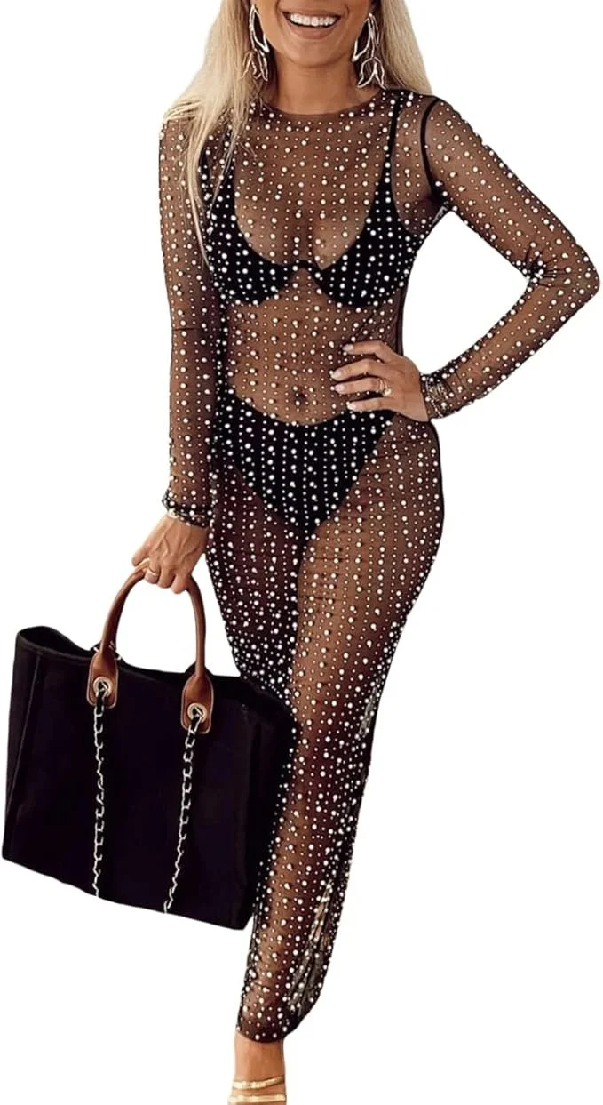 Honganda Sexy Women's Sheer Mesh Pearl Rhinestone Cover Up Dress Beach Swimwear Bikini Bathing Suit Coverups.jpg
