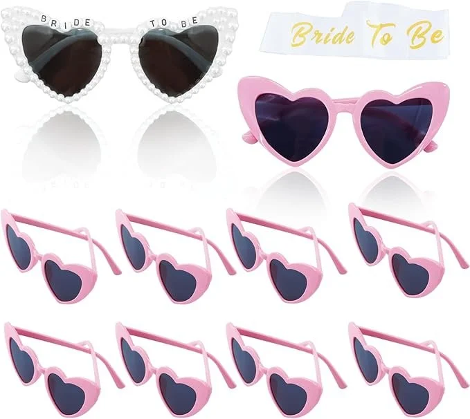 YOSMAKIY Bride Bachelorette Sunglasses 10 Pack 1 White 9 Red Heart Shaped Sunglasses Wedding Party Vibes Cute Comes with 1 protagonist bridal wedding shower belt.jpg