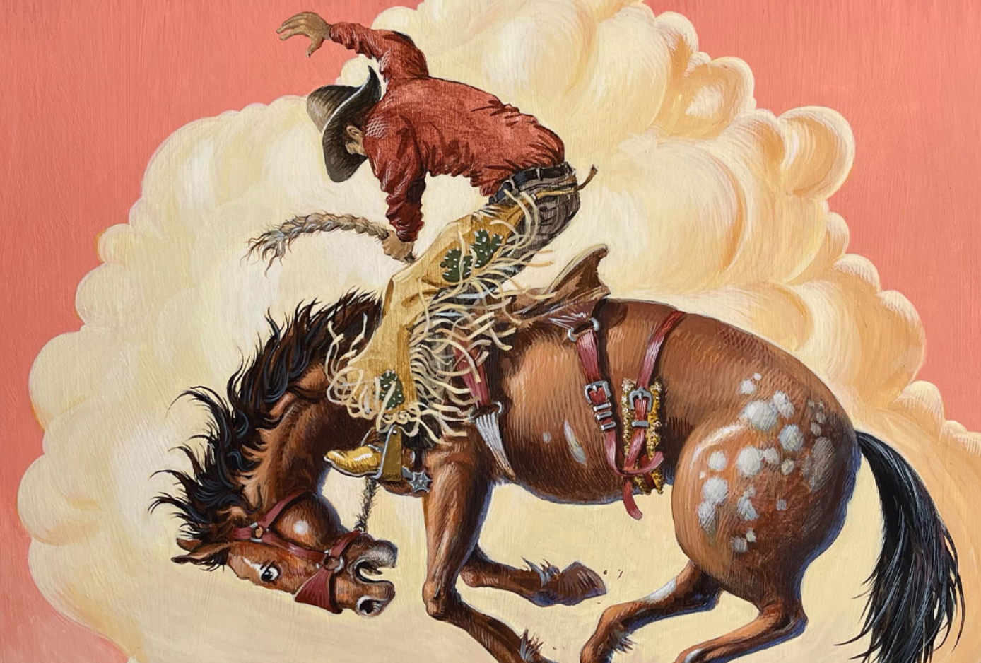 A cowboy in a red shirt and black hat riding a bucking brown horse with white spots. The horse has a red saddle and bridle, and the cowboy appears to be falling off as the horse rears. The background features a pink sky with clouds.