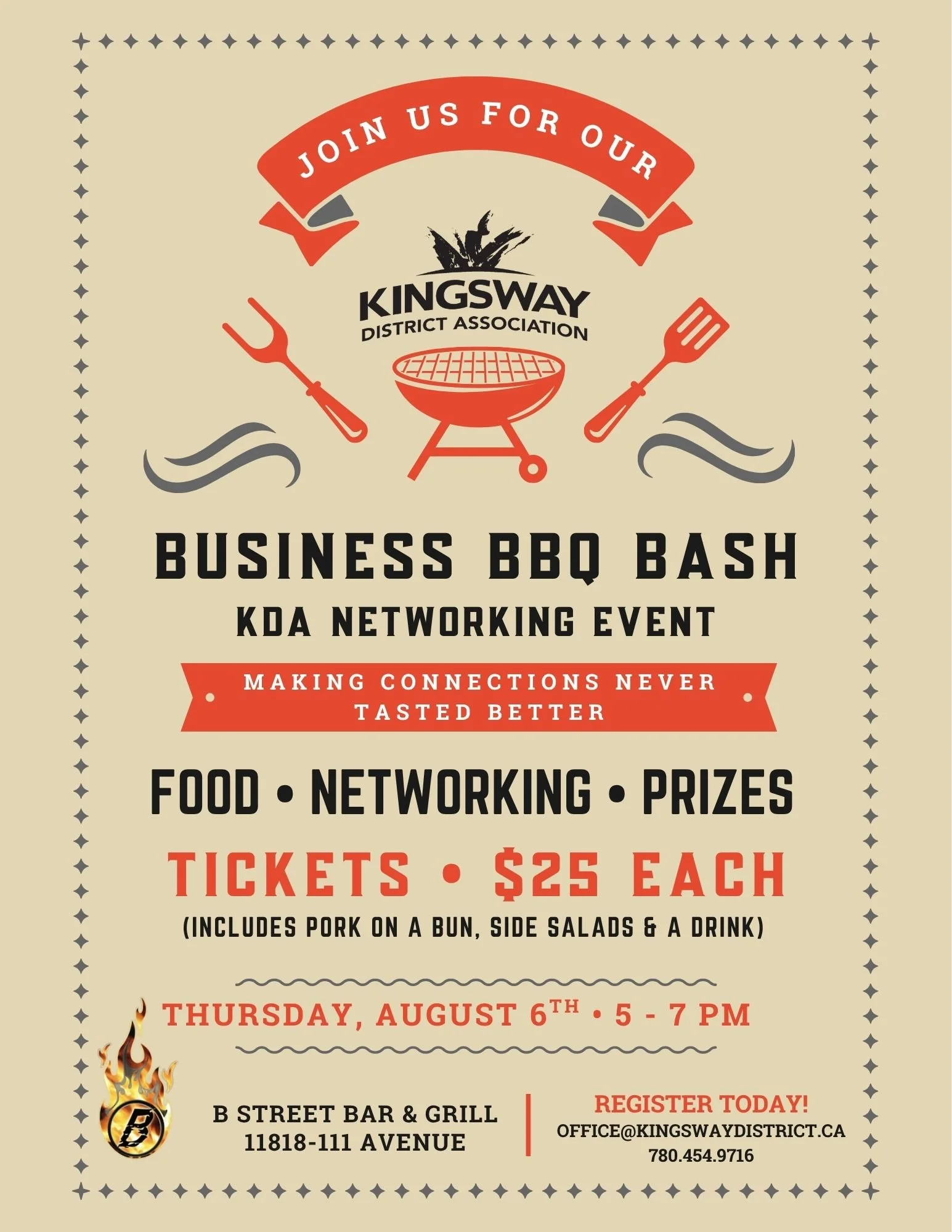 Poster with orange and black lettering information is in the caption. Clip art of a barbeque and barbeque tools