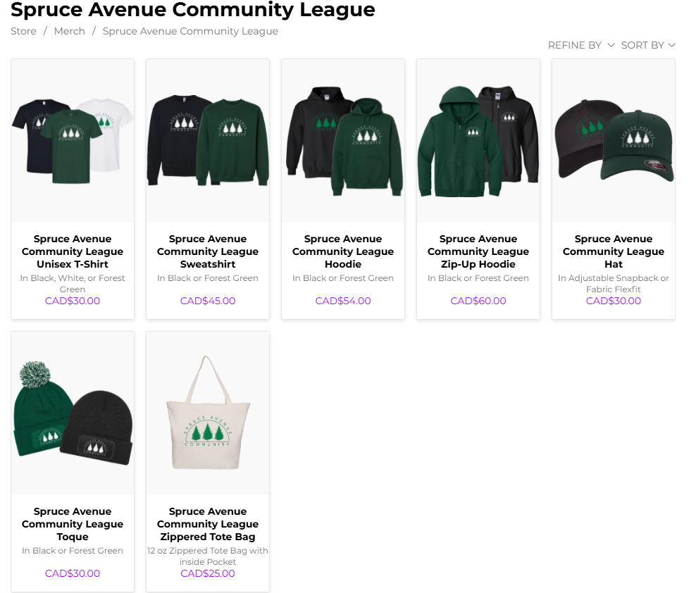 Images of T-shirts, swreaters, ball caps and toques and totes bags with Spruce Avenue's logo.