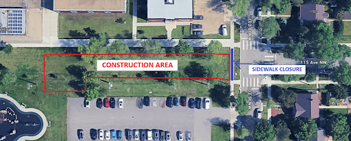 Aerial view of the construction area in front of the community league on the east side of the playground and north of the school parking lot. A sidewalk closure is indicated on the west side of 102nd street at 115 ave where the road ends