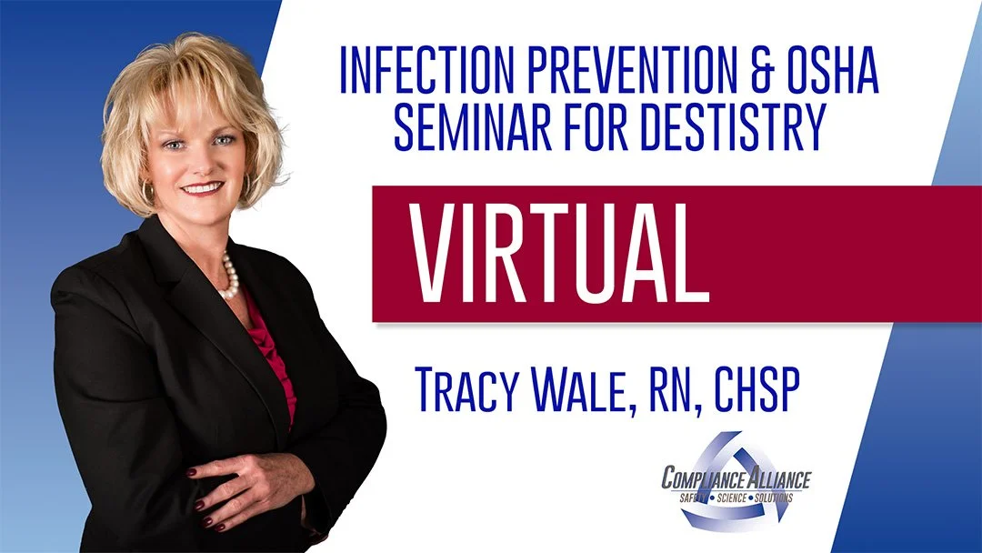 Poster for a seminar on infection prevention and OSHA for dental professionals, held Virtual, featuring a smiling woman in a black blazer and pearl necklace, with a blue and white background and the Compliance Alliance logo.