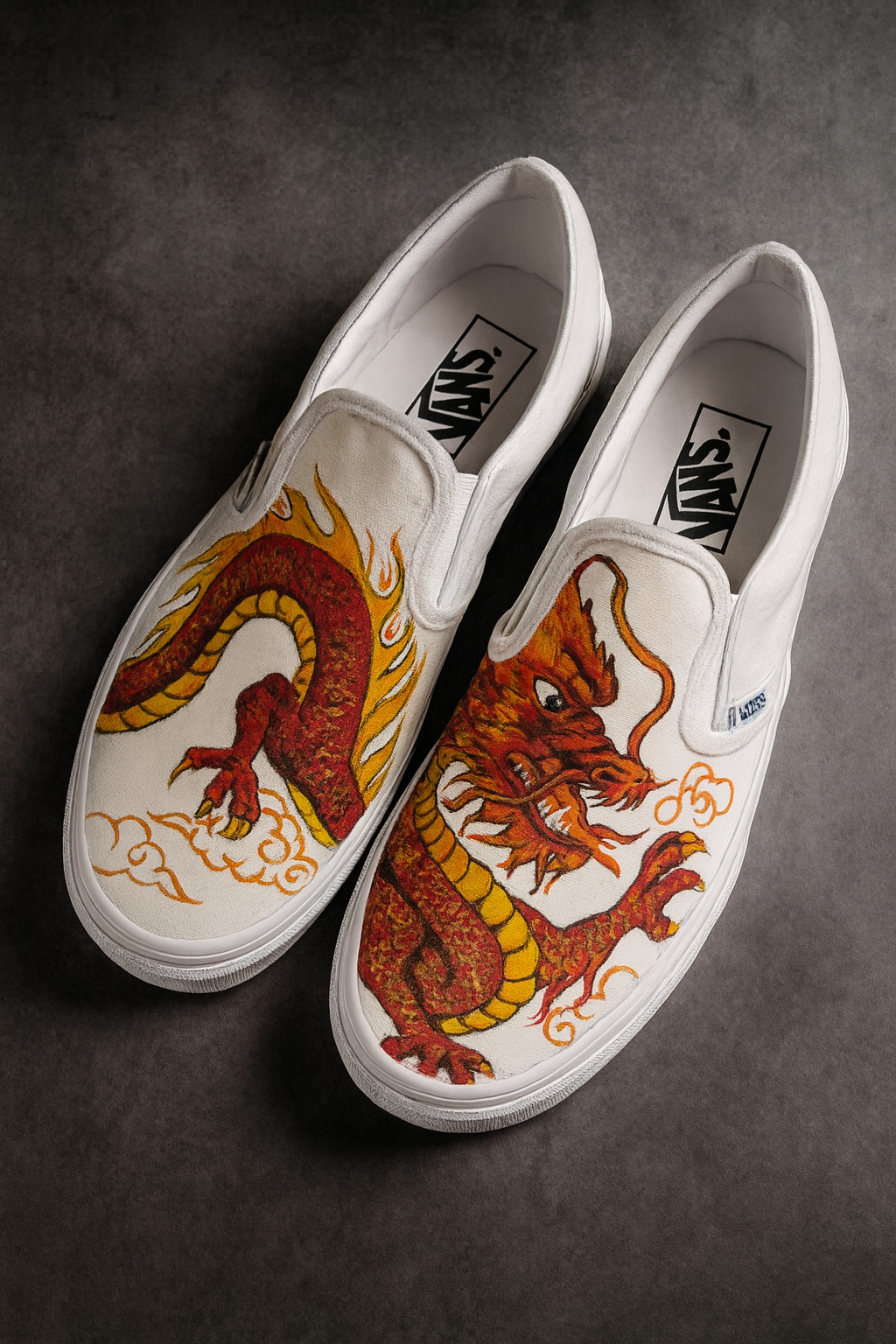 🔥 Red & Gold Dragon Vans – Hand-Painted Custom Slip-Ons