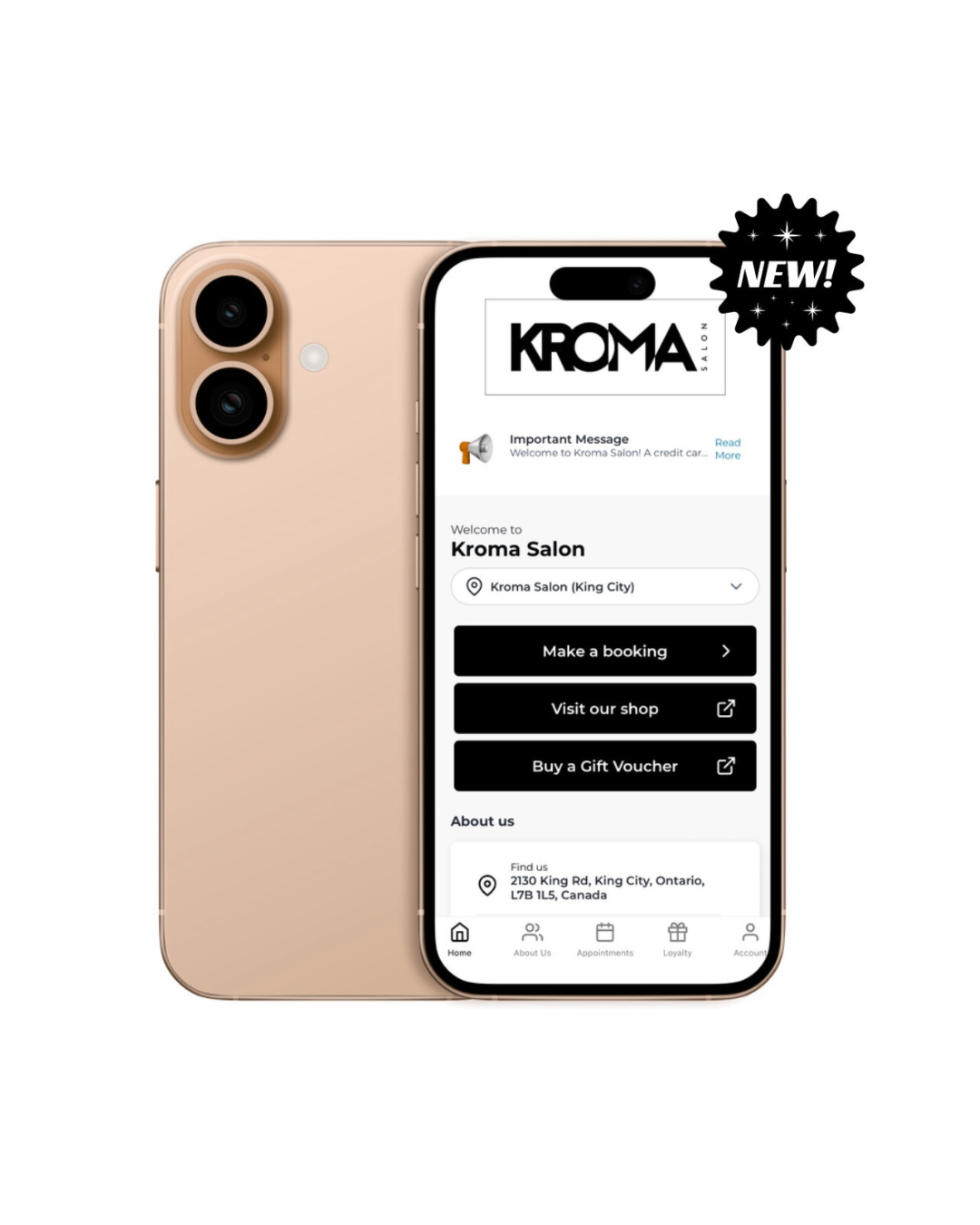 Gold iPhone showing a salon appointment booking app on the screen with the salon's name 'Kroma' and contact information.