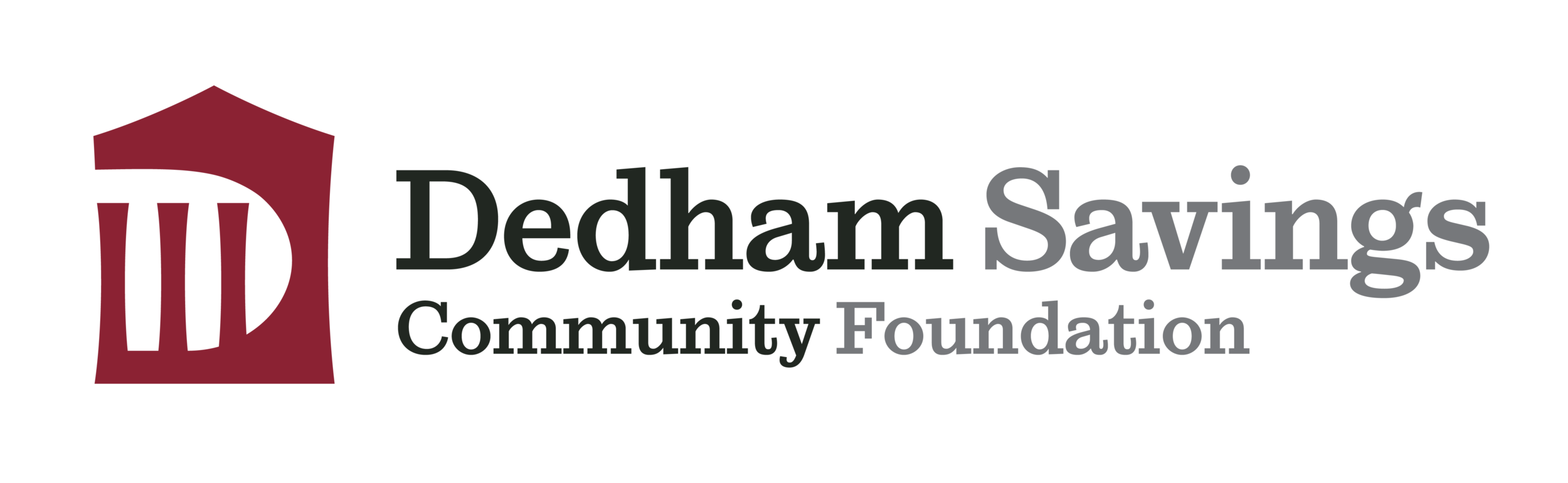 Logo for Dedham Savings Community Foundation with a maroon, black, and gray color scheme.
