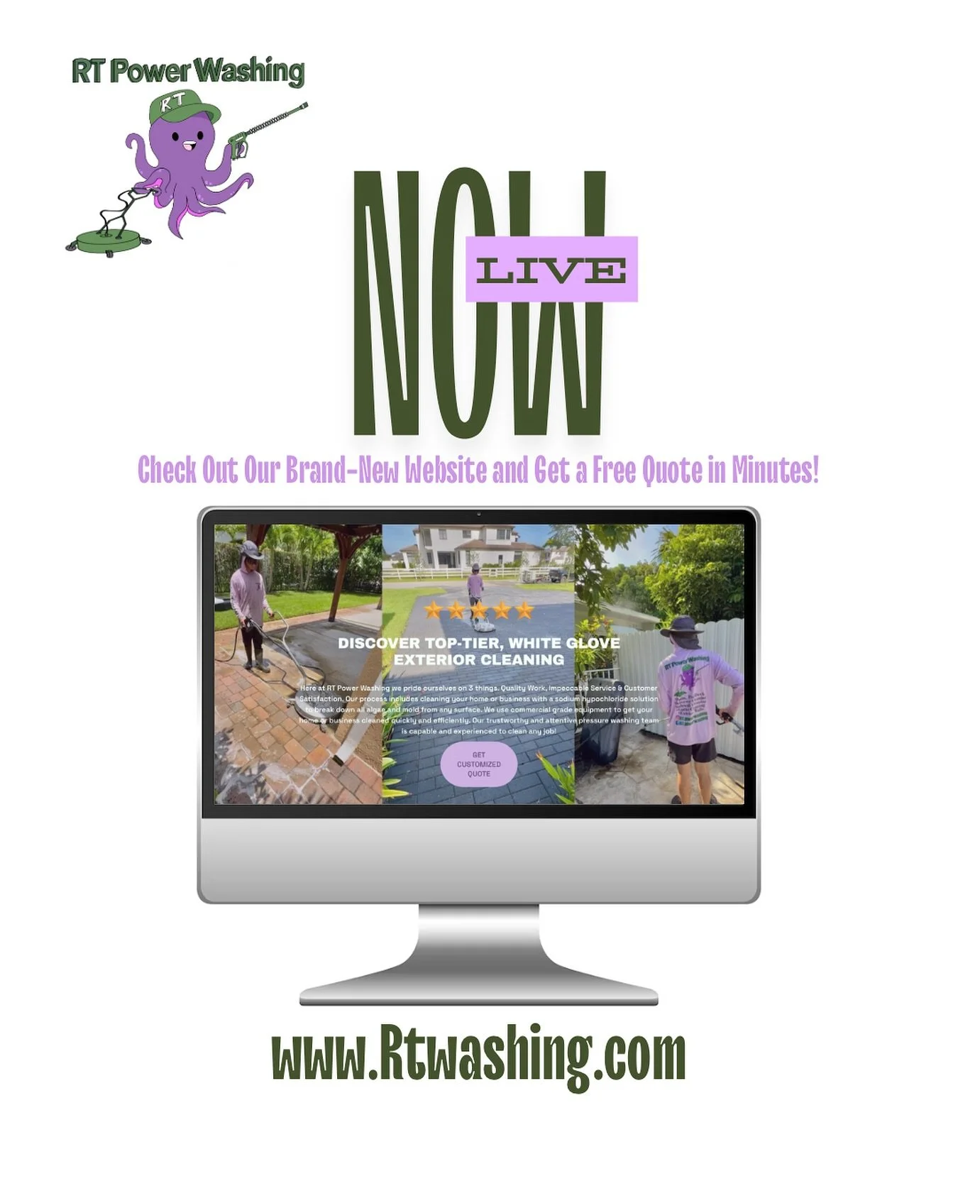 Our brand new website is now LIVE! 🐙
Get a free quote in minutes or book right now!! 📲

#rtpressurewashing #website #nowlive #bookme #pressurewashing #cleaningservices #newwebsite