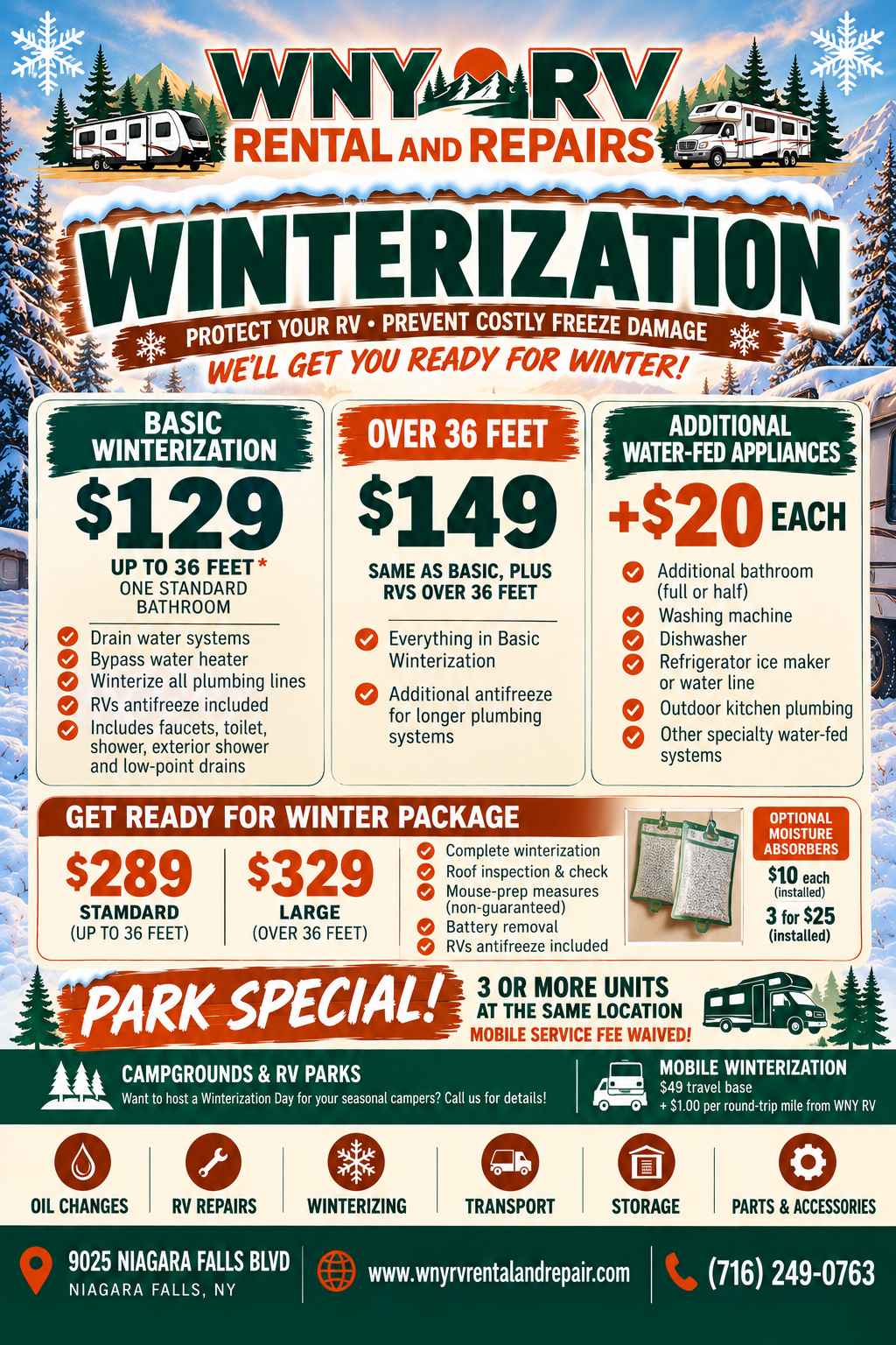 The image is a colorful advertisement for WNY RV Rental and Repair, promoting winterization services for RVs. It features a winter mountain scene with pine trees and snow, with illustrations of two RVs on either side. The ad lists various winterization packages and services, including basic winterization starting at $129, over 36 feet for $149, additional water-fed appliances for $20 each, and full packages at $289 and $329. It also offers campgrounds and RV parks, mobile winterization, and contact details in Niagara Falls, NY.
