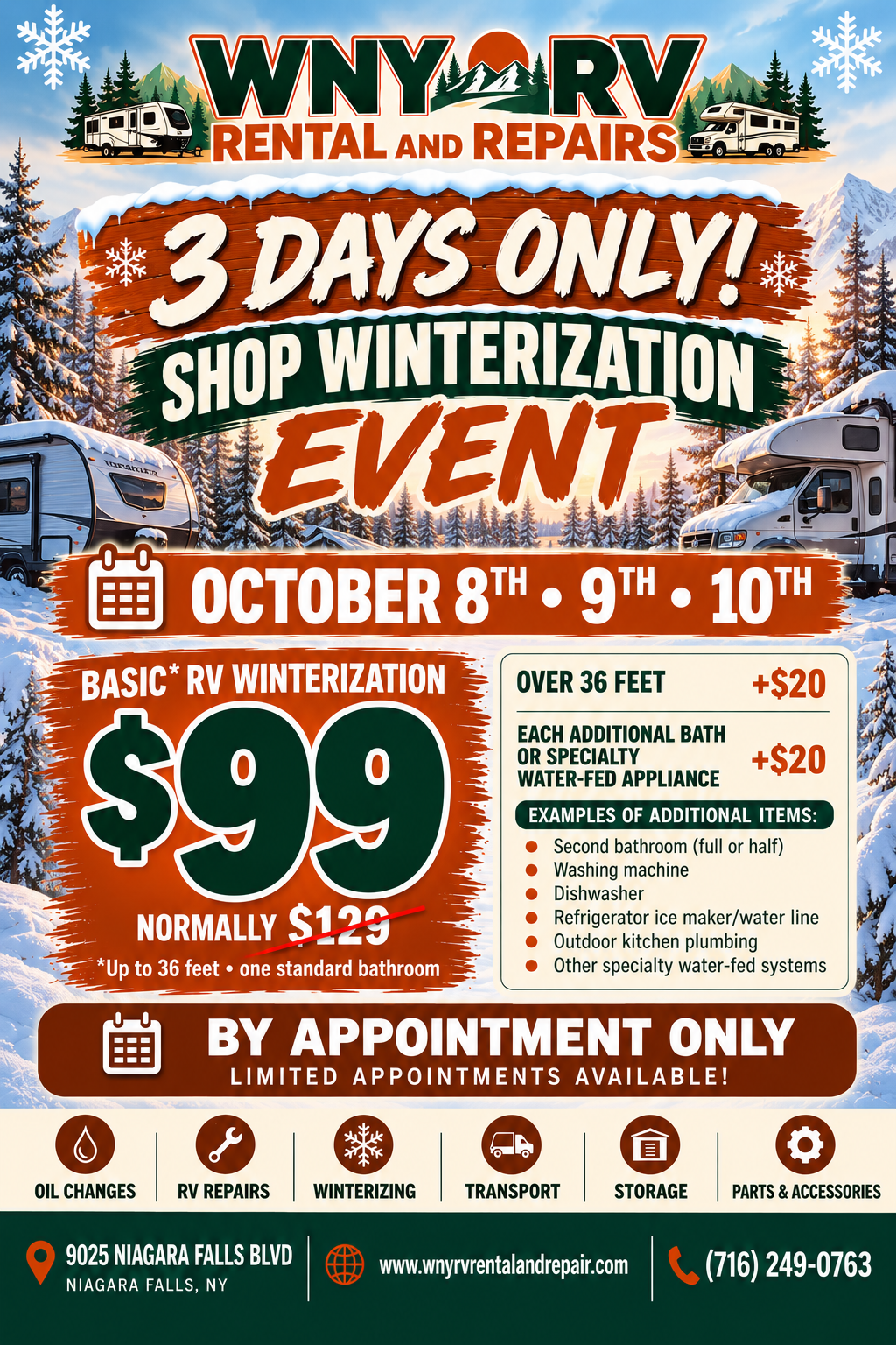 Advertisement for WNY RV Rental and Repairs winterization event, happening October 8th to 10th, with prices, dates, and services offered in a snowy mountain setting.