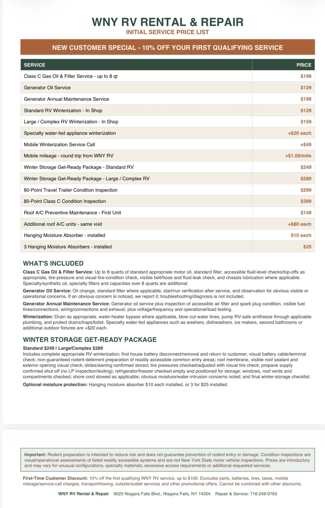 WNY RV Rental & Repair price list with services and pricing, including RV winterization, storage packages, condition inspections, and maintenance services.