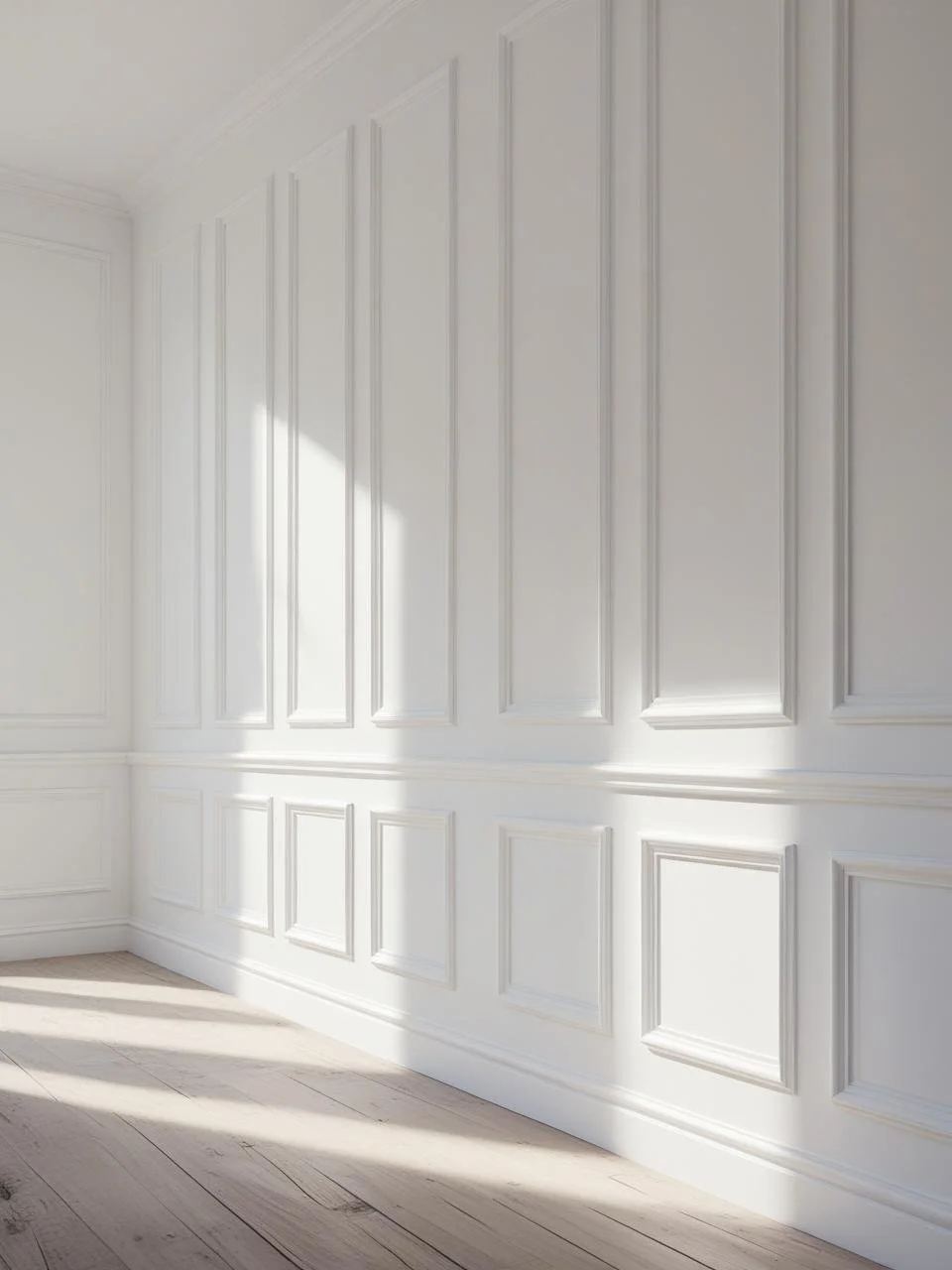 White paneled wall with decorative molding in a room with natural sunlight and wooden floor.