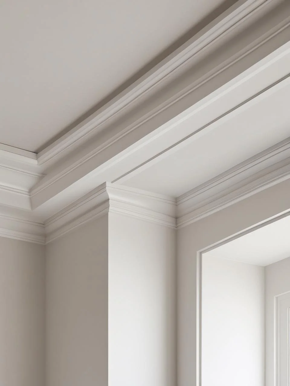Close-up of a white ceiling with crown molding and an inset ceiling design in a room with light-colored walls.