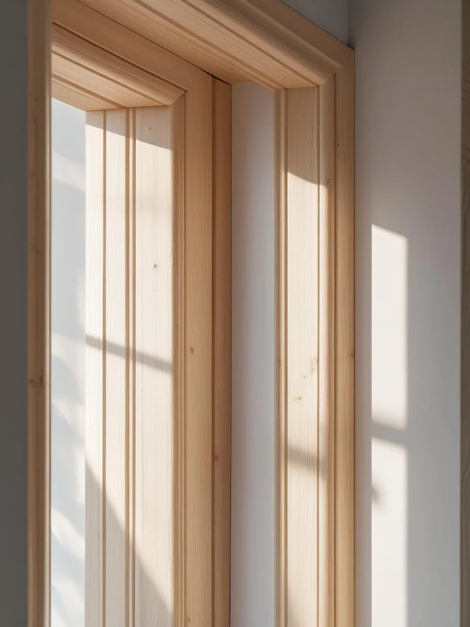 Close-up of a wooden window frame with sunlight casting shadows on the wall.