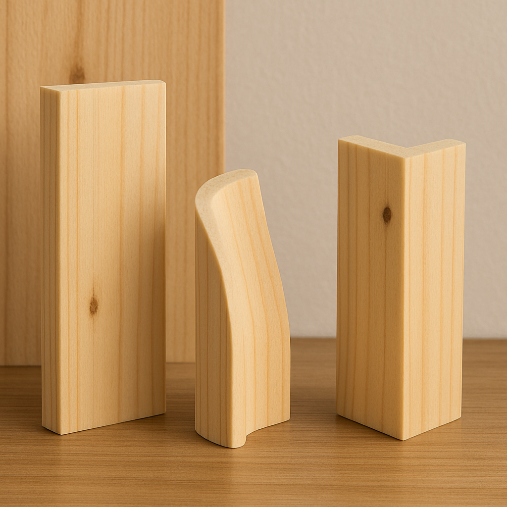 Three unpainted wooden blocks of various heights and shapes standing on a wooden surface against a wooden and light-colored wall background.