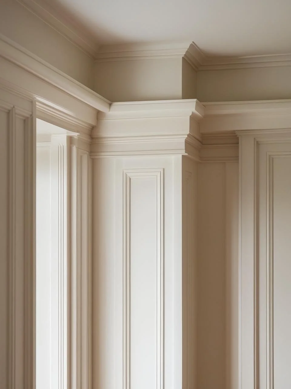 Close-up of elegant white crown molding and woodwork on interior walls and ceiling.