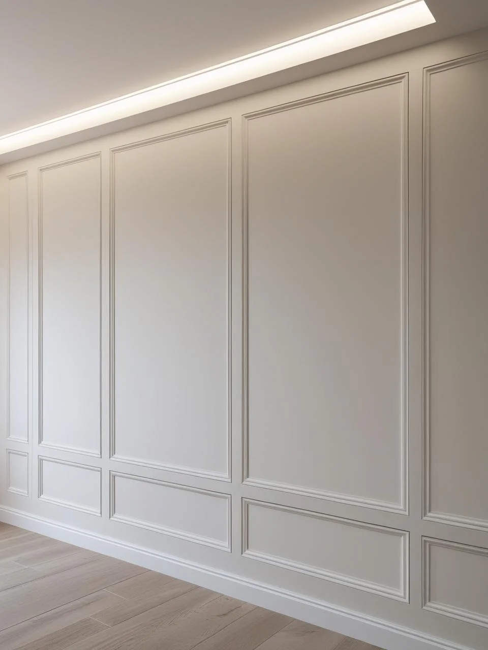 White wall with decorative molding panels and wooden flooring, ceiling with built-in lighting.
