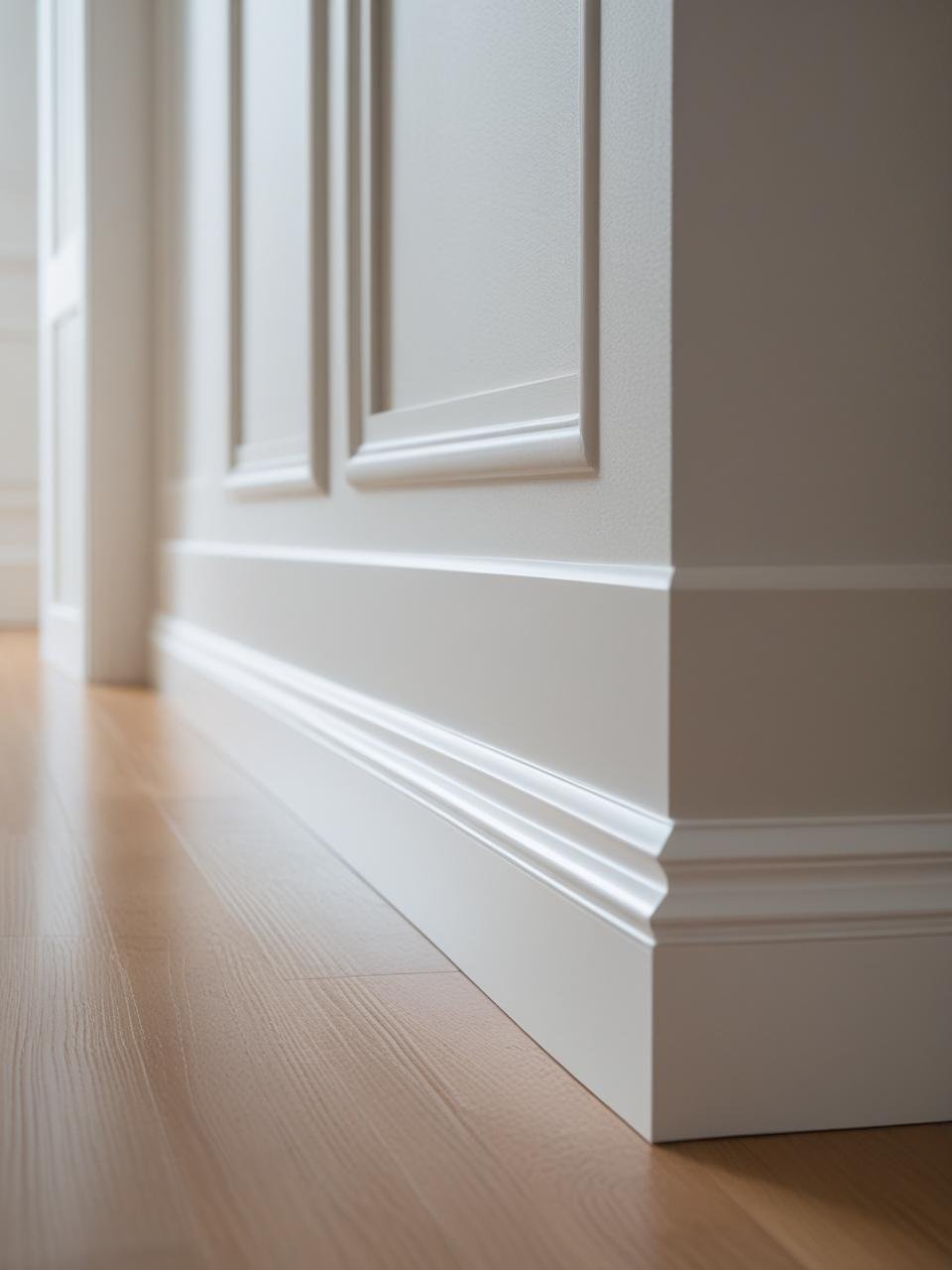 Close-up of a white baseboard molding along a light wooden floor in a room.