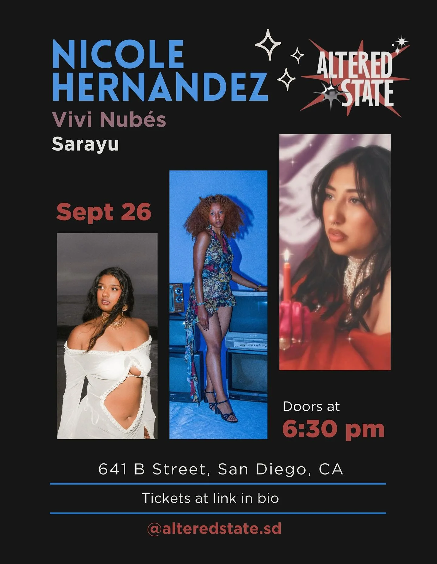 THIS FRIDAY! 
We’re so excited to have @nicolehernandez.z & her band headlining our next show at Altered State’s live room! It’s going to be a night of Afro-Cuban, Latin, and RnB music! 
Space is limited so grab your ticket ea