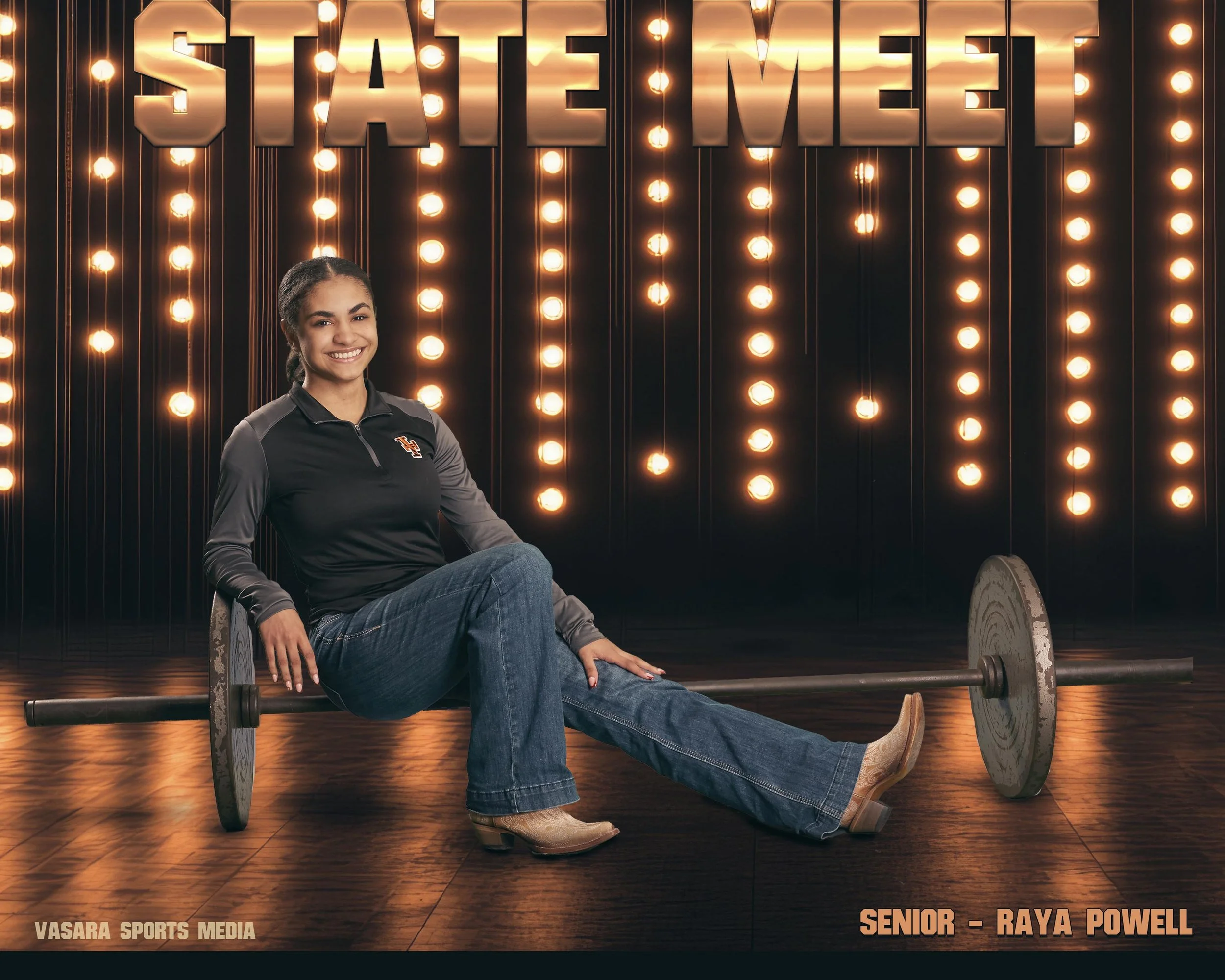 A young woman with a smile, sitting on the floor with crossed legs, leaning against a barbell, in front of a backdrop with large illuminated 'STATE MEET' sign and decorative lighting. She is wearing a black and gray sports jacket, jeans, and cowboy boots. The words 'SENIOR - RAYA POWELL' and 'VASARA SPORTS MEDIA' are visible on the image.