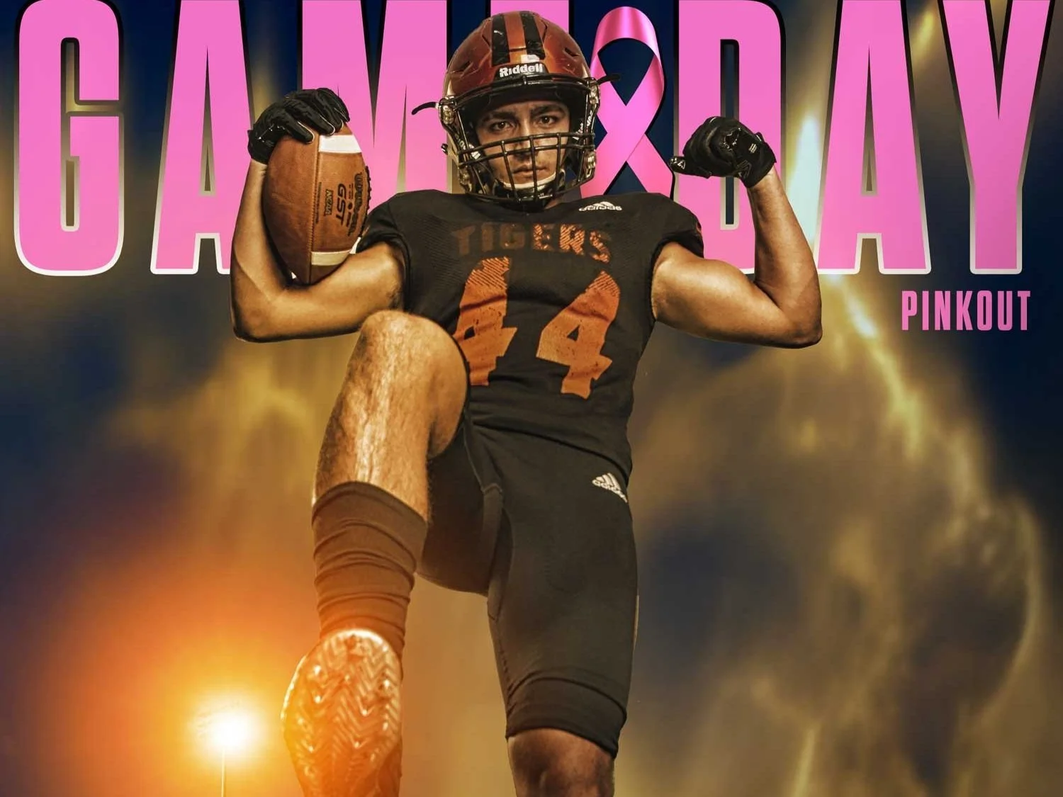A football player in a black uniform with the number 14 flexes his biceps while holding a football, with a background featuring large pink text that reads 'GAME DAY' and a full moon.