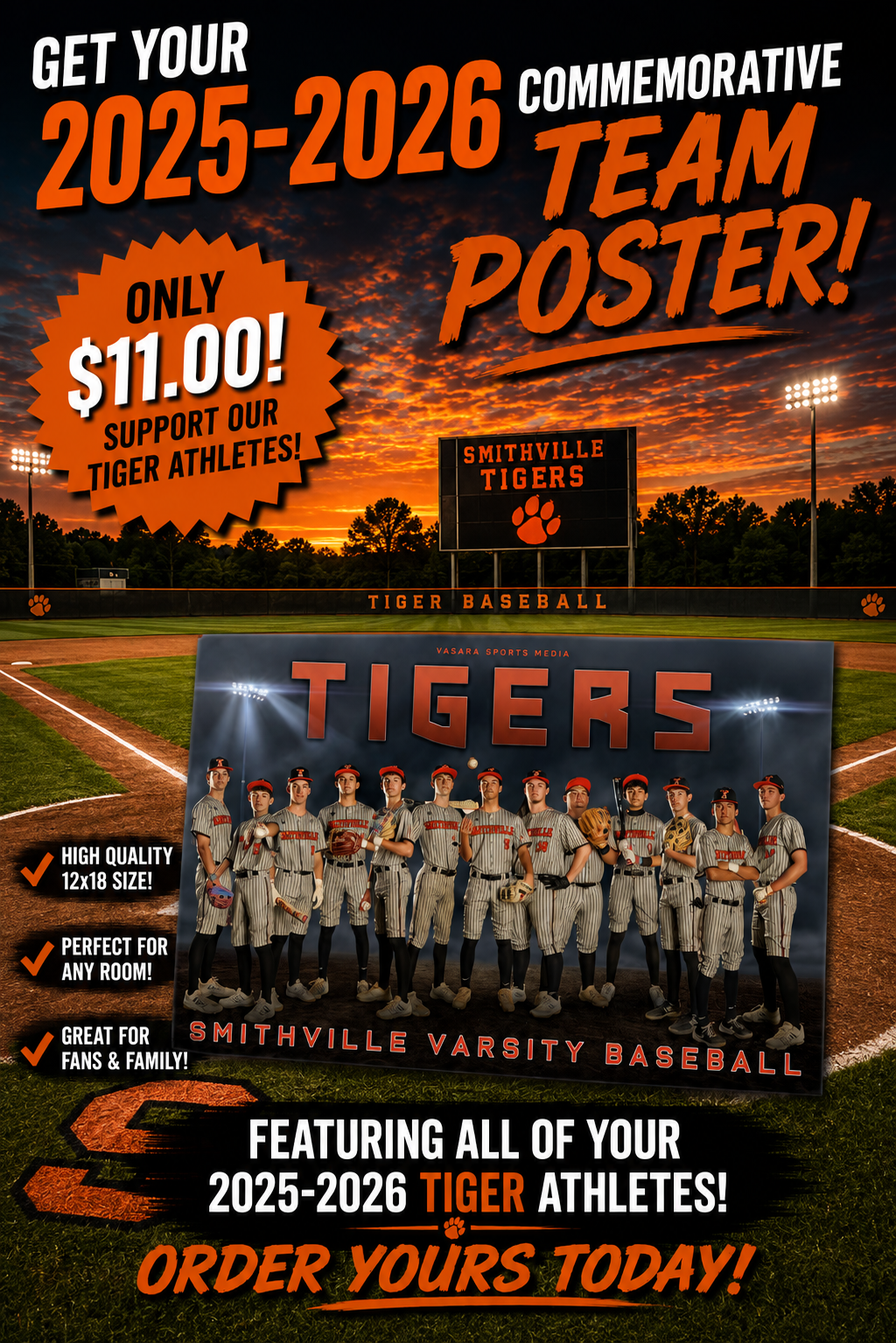 1 - 12×18 in Commemorative Varsity Team Printed Poster for Baseball