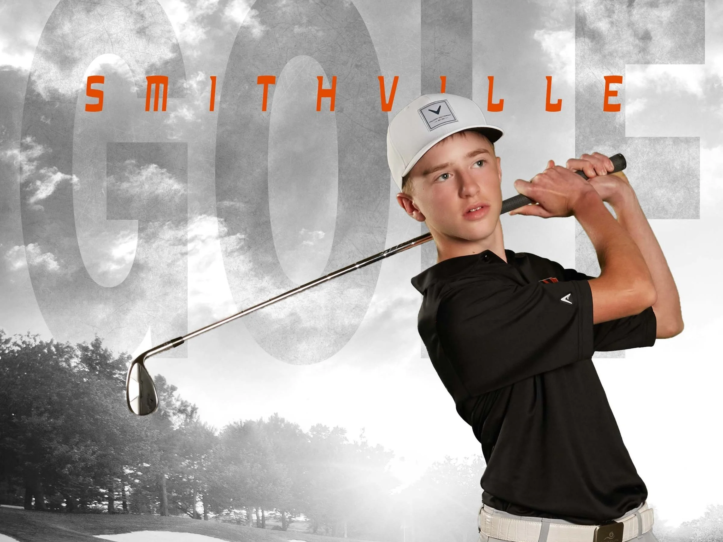 Young male golfer in black shirt and white cap holding a golf club, with 'Smithville' and '100' overlay, black and white background of trees and sky.