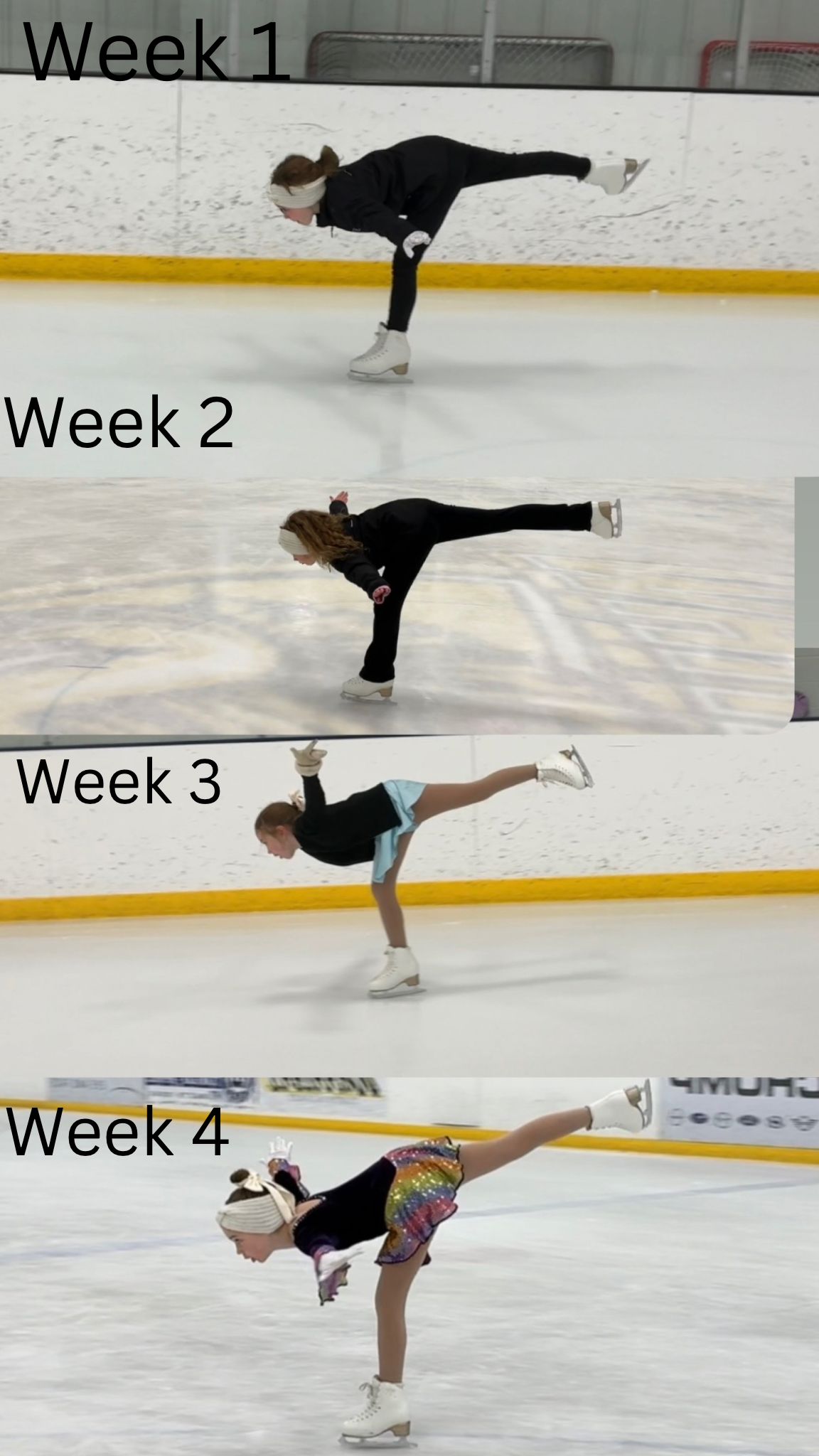 Progression of a young female figure skater practicing a balance move over four weeks, showing improved flexibility and balance from Week 1 to Week 4 on ice.
