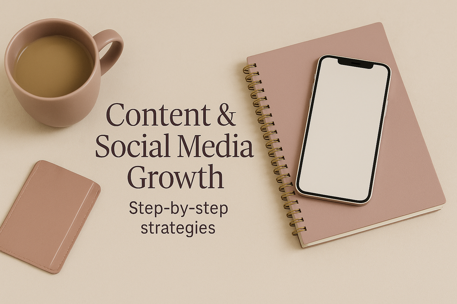 Light pink coffee mug with beverage, pink notebook with spiral binding, smartphone with white screen, pink wallet, and text 'Content & Social Media Growth Step-by-step strategies' on a beige background.
