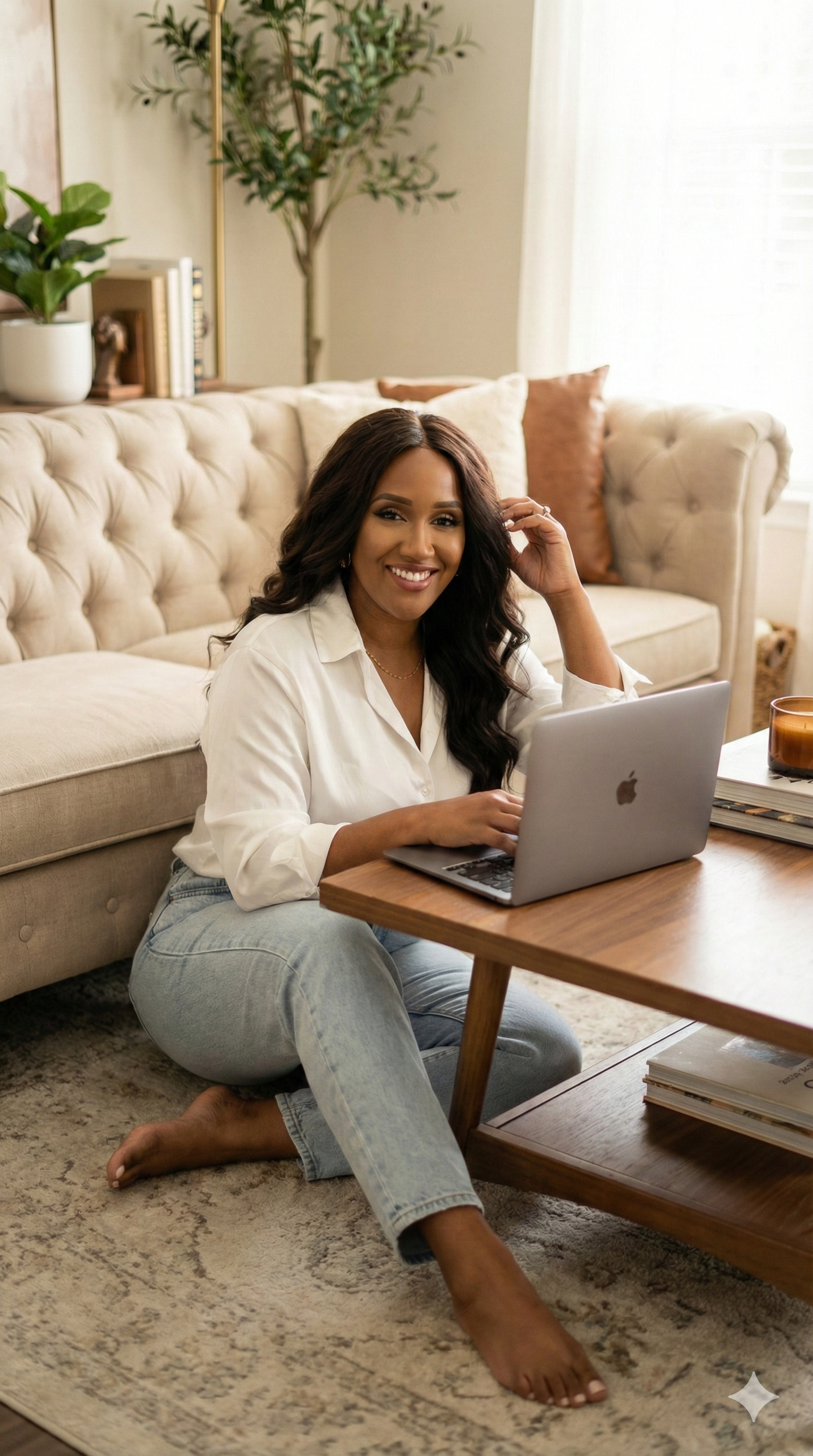 A woman sitting on a carpeted floor with a laptop, smiling at the camera in a cozy living room.