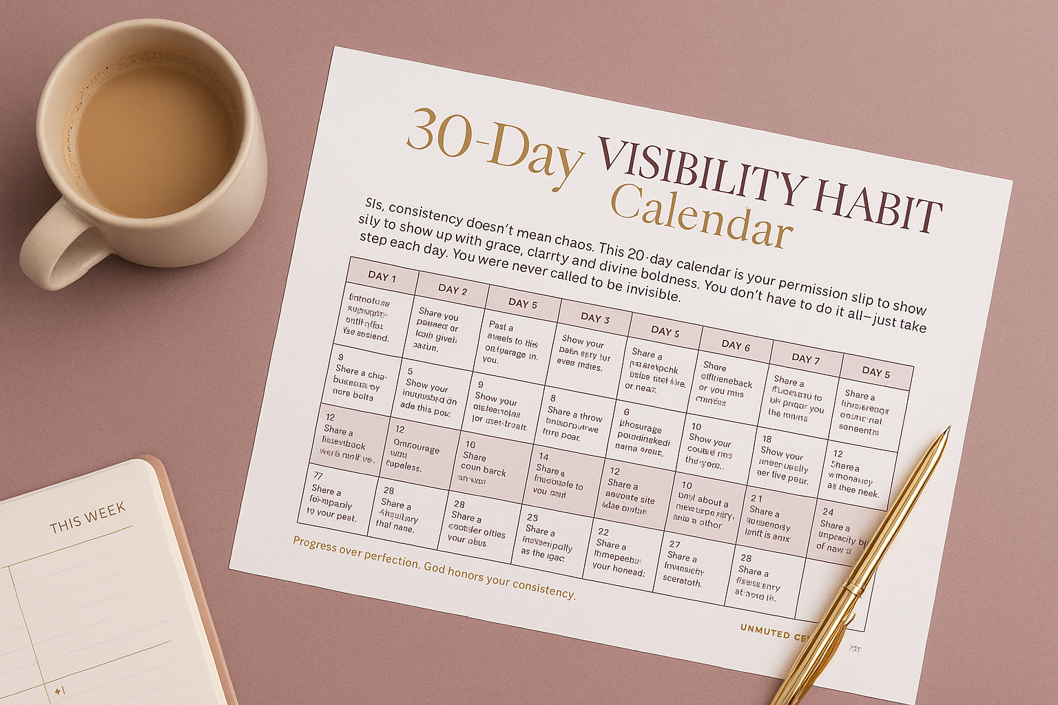 This beautifully designed 30-Day Visibility Habit Calendar (Part 1: Days 1–15) is the first step in helping faith-led mompreneurs build consistent, confident visibility online. Styled in the luxe Unmuted & SEEN™ brand aesthetic — soft blush backgroun