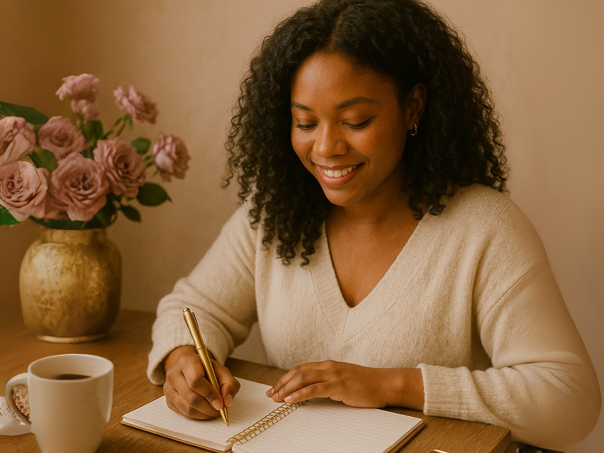 A woman with curly hair, wearing a beige sweater, is sitting at a table, writing in a notepad with a gold pen. There is a mug of coffee, a gold vase with pink flowers, and a beige wall in the background.