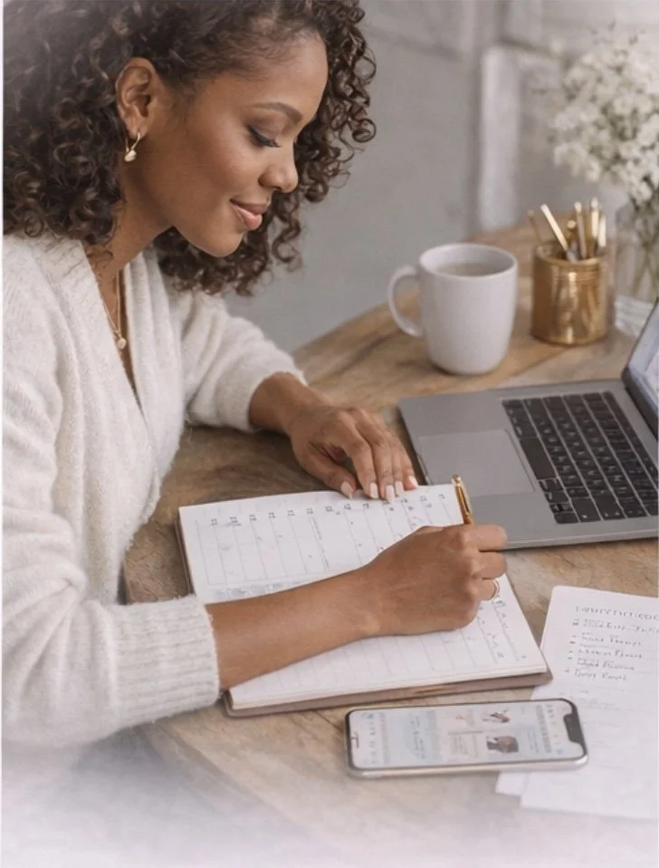 A woman sitting at a wooden desk, writing in a planner with a pen. She has curly hair and is smiling slightly. On the desk, there is a laptop, a mug, a gold container holding pens, a smartphone, and some papers.