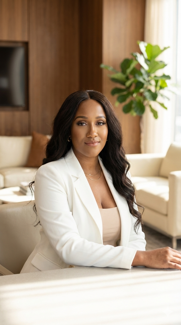A confident woman with long dark hair and light makeup wearing a white blazer and beige top, sitting at a table in a modern, warmly lit living room with wooden walls, a green potted plant, and cream-colored furniture.