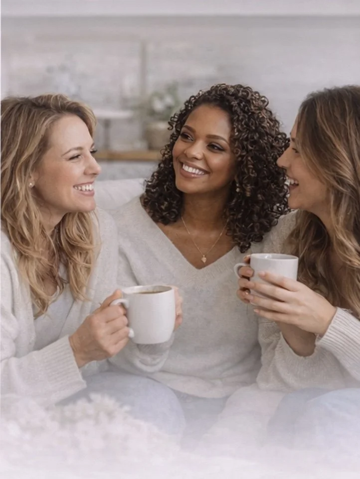 Three women sitting together, holding mugs of coffee, smiling and chatting in a cozy, well-lit room.
