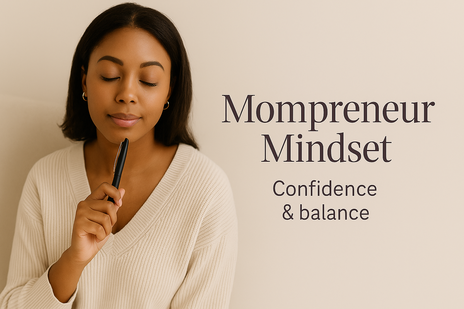 A woman with closed eyes holding a black pen near her chin, next to text that reads 'Mompreneur Mindset, Confidence & balance'.