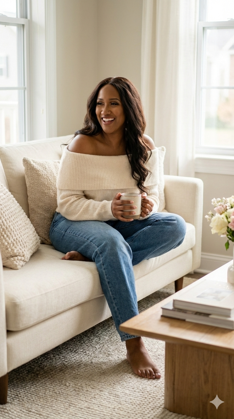 A woman sitting on a cream-colored sofa holding a mug and smiling in a sunlit living room with beige walls, a wooden coffee table, books, and a bouquet of flowers.