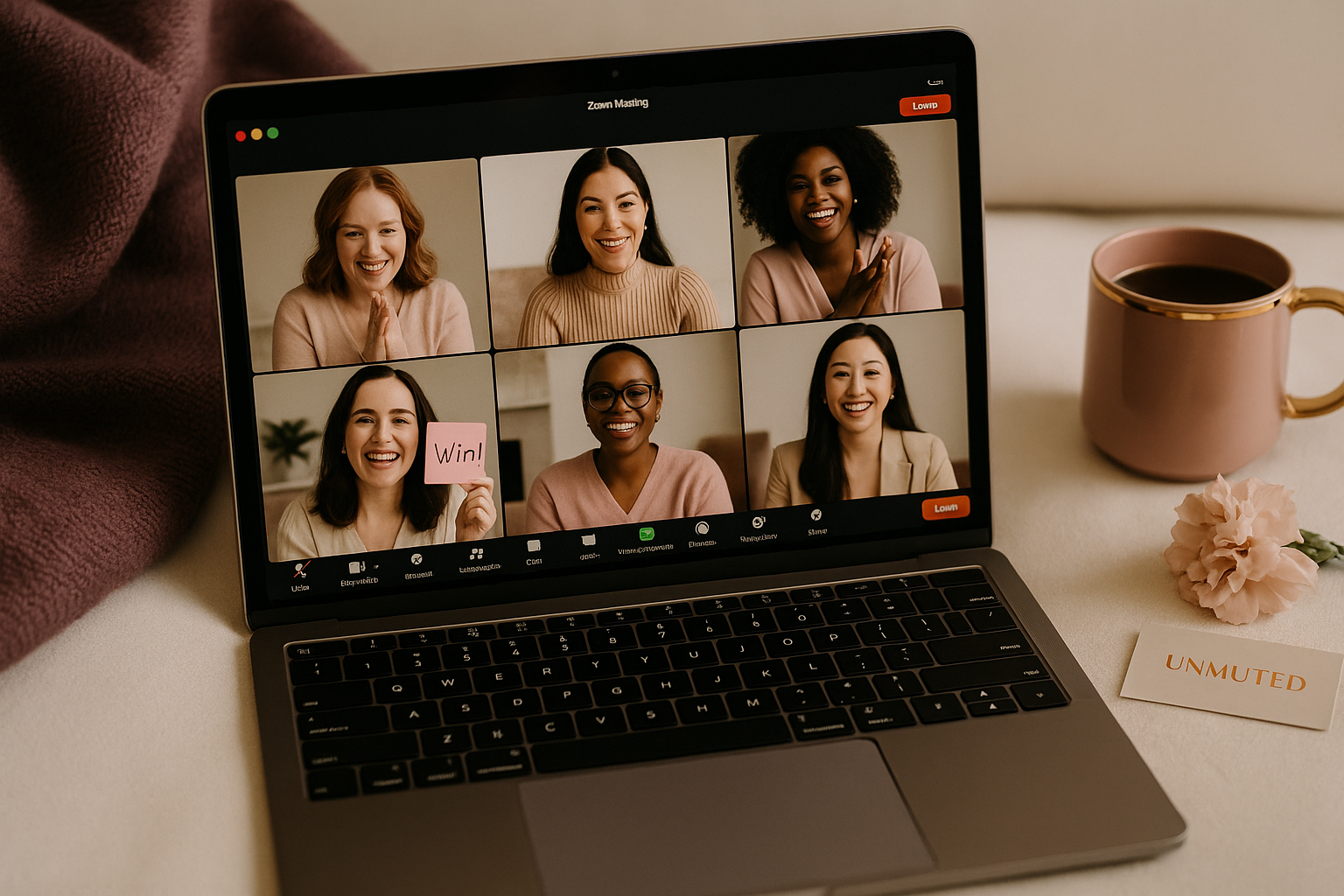 A laptop screen displaying a Zoom video call with six women, five of whom are smiling and one holding a pink sign that says 'Win!'. The laptop is on a cream-colored surface, next to a pink cup of coffee, a pink flower, and a card with 'UNMUTED' written on it.