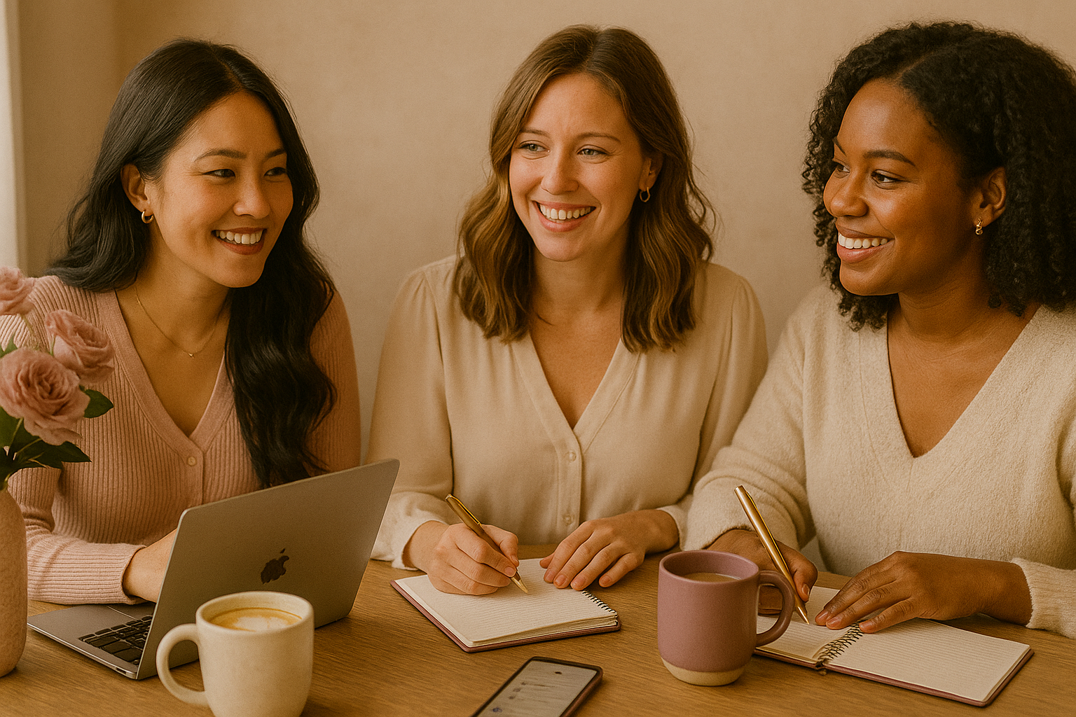 Three women sitting at a table, smiling, with notebooks, mugs, a laptop, and a phone.