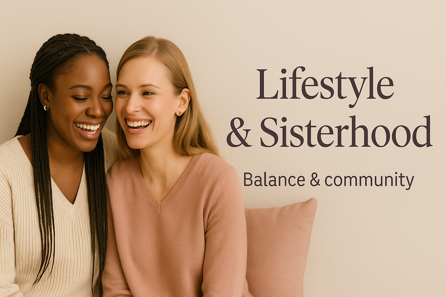 Two women smiling and embracing, with the text 'Lifestyle & Sisterhood, Balance & community' beside them.