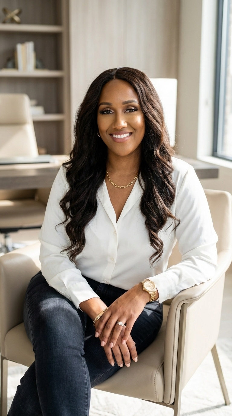 A woman sitting in an office chair, smiling, with a bookshelf and window in the background.